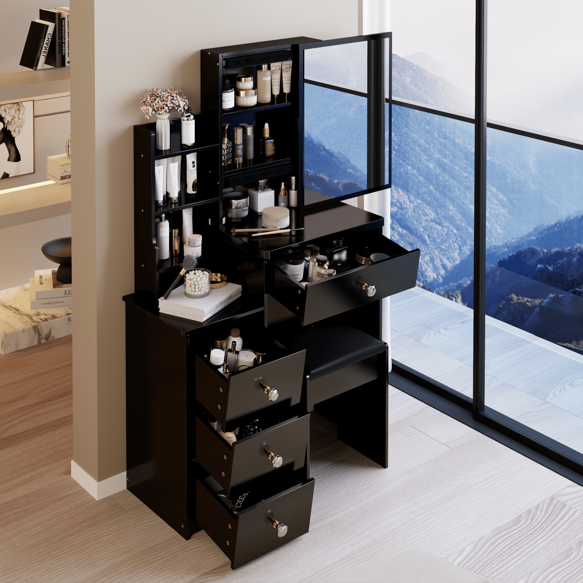 29.2" Small Space Left Bedside Cabinet Vanity Table + Cushioned Stool, Extra Large Right sliding mirror, Multi Layer High Capacity Storage, Practical Fashionable Dresser, Suitable For Small Space