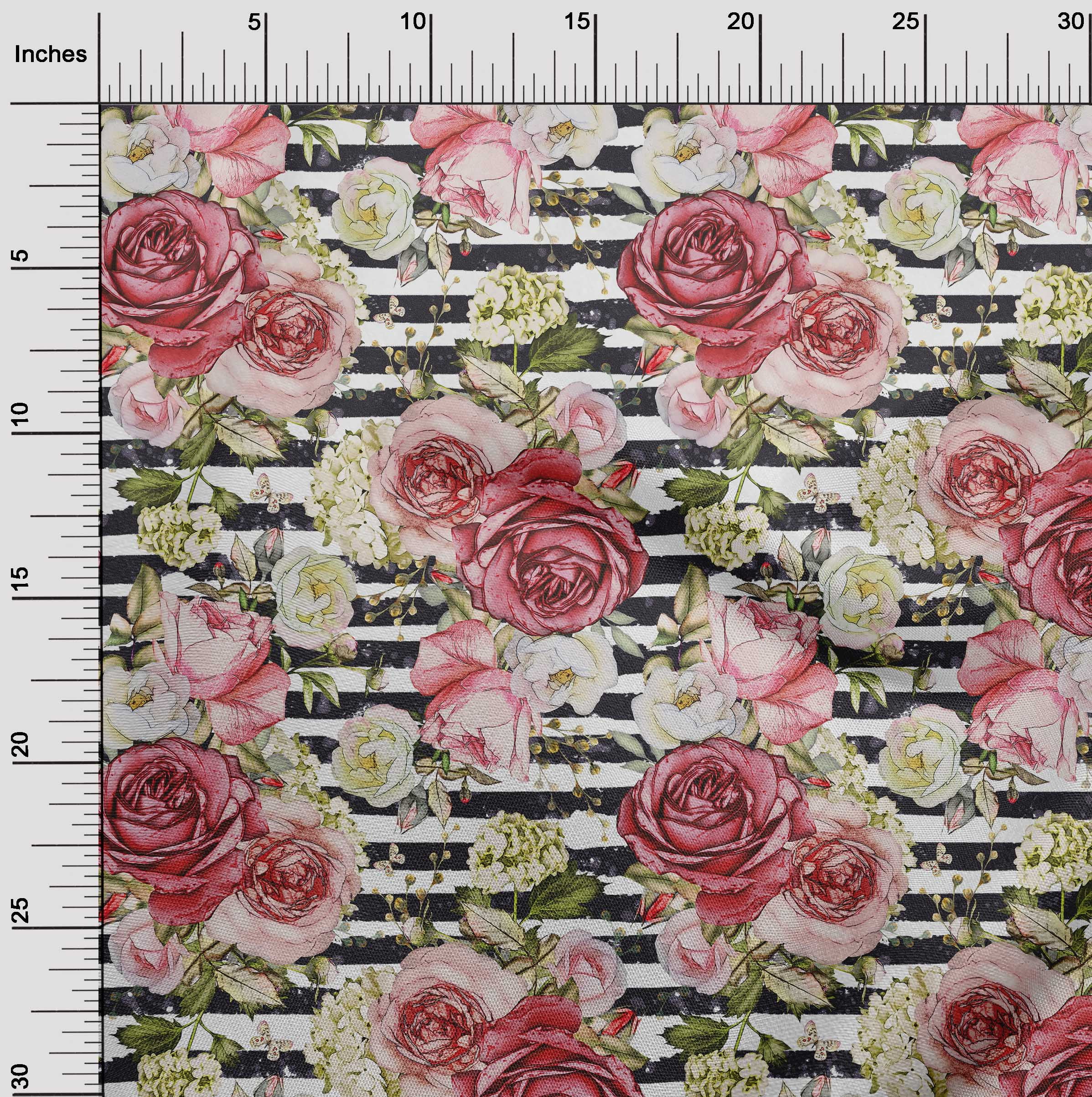 oneOone Polyester Lycra White Fabric Stripe & Rose Floral Sewing Crafts Projects Fabric Prints By Yards 56 Inches Wide