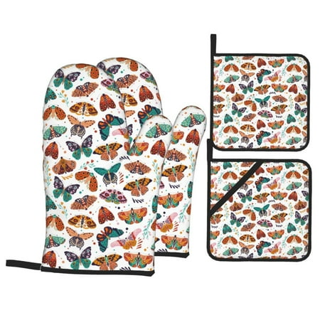 

Oven Mitts and Pot Holders Sets 4 pcs - cartoon butterfly Heat Resistant Silicone Oven Gloves with Non-Slip Silicone Surface and hot pads for kitchen Baking Cooking BBQ