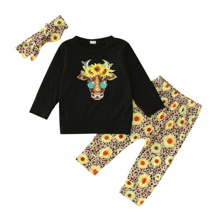 

koaiezne Toddler Boys Girls Winter Long Sleeve Calf Cow Print Top Sunflower Print Pants Suit Outwear Outfits Girls Summer Outfit Size 8 Preemie Baby Gift Set