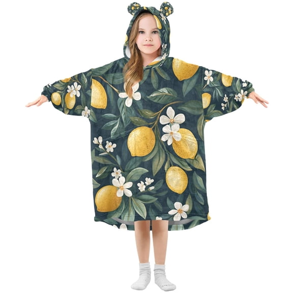 FORMRS Wearable Blanket Hoodie with Sleeves for Kids Cozy Flannel Sweatshirt, Floral Lemons