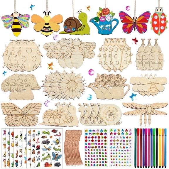 DIY Wooden Painting Craft Kit with 36 Wood Shapes, Twine, Pen & Decorative Stickers, Blank Coloring Wooden Stencils of Plants and Insects, Hanging Décor Set for Home, Parties, Handmade Gifts