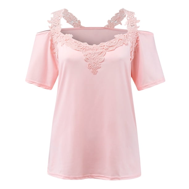 Gibobby Playera de Manga Corta Casual Suave Sexy Tops Womens Blouse T Sleeve Casual Lace Shirt Solid Short Women's Blouse(Rosa,M)