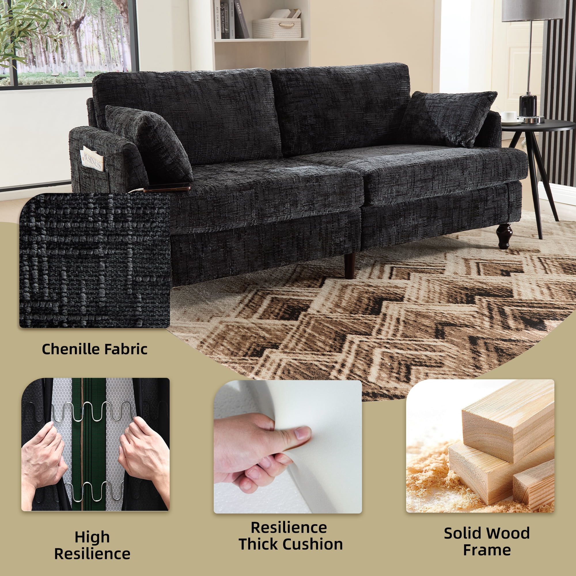 MOONMISS Chenille Upholstered Mid Century Modern Wood Frame Loveseats Sofa with LED light,USB and Side Pocket-Black