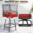 thumbnail image 4 of Nuu Garden Outdoor Swivel Bar Stool Dining Set of 3, 2 Patio High-back Chairs with Padded Cushions and Extra Pillows & 1 Bistro Bar Table with Umbrella Hole, Black & Red, 4 of 10