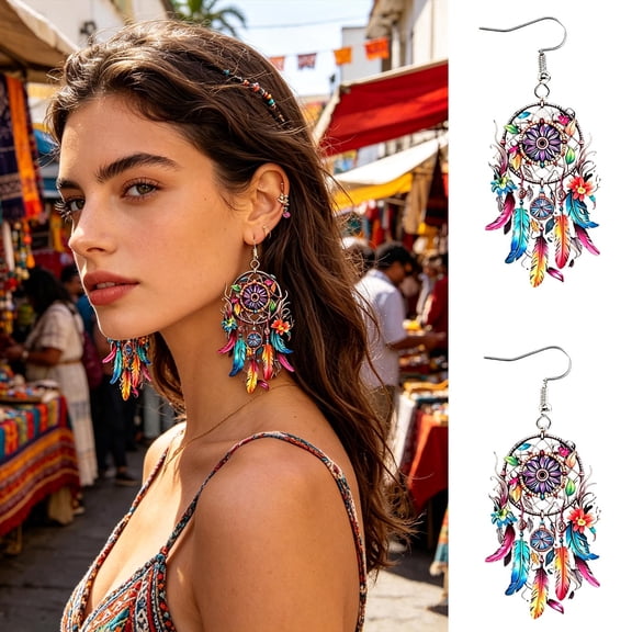 Boho Dreamcatcher Dangle Earrings, Vintage Western Indian Style Design, Exquisite Tassel Jewelry For Women Daily Outfit Matching Party Dress Up And Fashion Decoration.