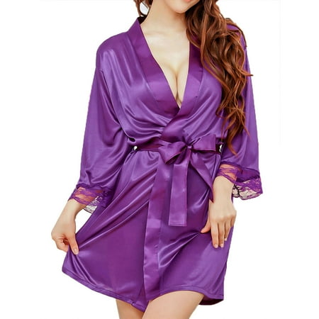 Unique Bargains Woman Silk Satin Lingerie Sleepwear Nightwear Kimono Gown Bathrobes Purple