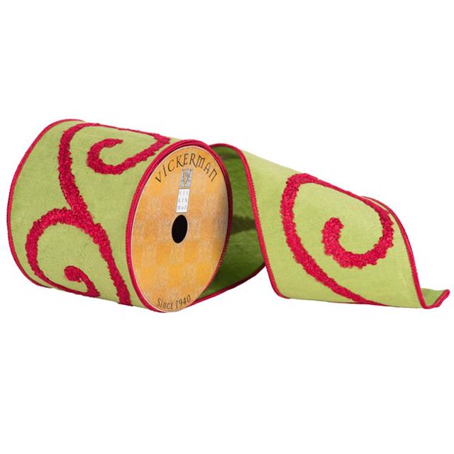 Vickerman Q172191 4 in. x 10 Yard Green & Red Towel Scrolls Wired Ribbon
