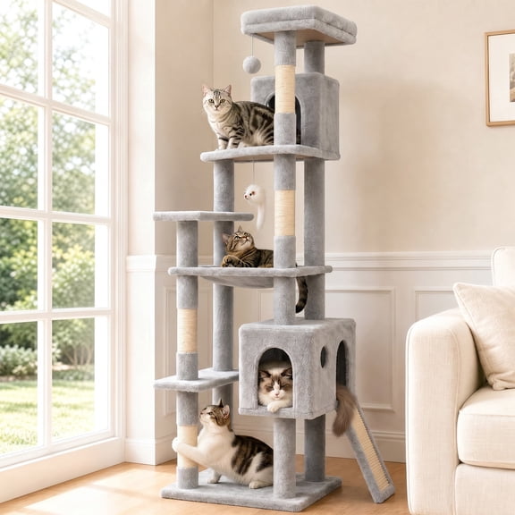 70" Cat Tree Tower, Heavy Duty Cat Tower for for Multiple Adult Cats, Multi-Level Tall Cat Tree with 2 Condos, Hammock and Scratching Post for Indoor Kitties, Light Grey
