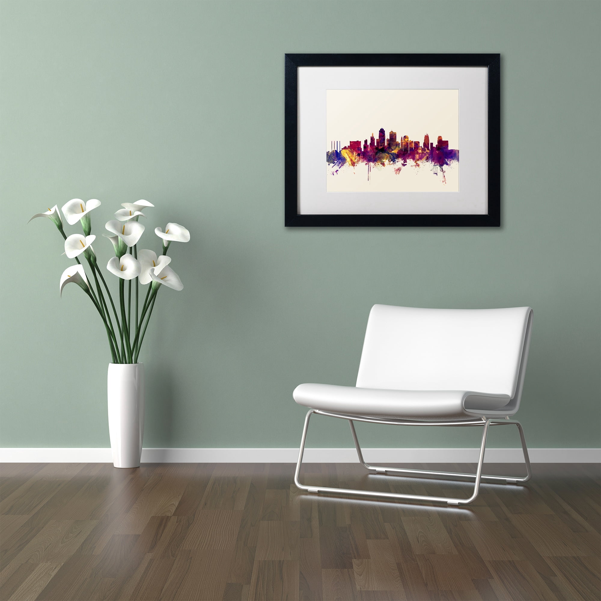 Trademark Fine Art "Kansas City Skyline" Canvas Art by Michael Tompsett, White Matte, Black Frame