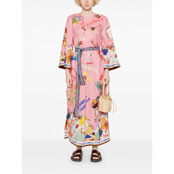 Lantern sleeve abstract art cotton and linen print tie-waist dress