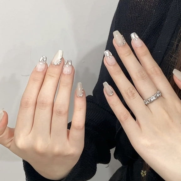 ADITYSHOP - Handmade Diamond Crescent Glow Press-On Nails Large Short, Kit included