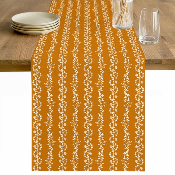 Orange Spring Leaves Table Runner - 120 Inch Long Pastoral Botanical Striped Flowers Cotton and Linen Blended Dress Scarves Farmhouse Table Runner for Kitchen Dining, Coffee Table, 13" x 120"