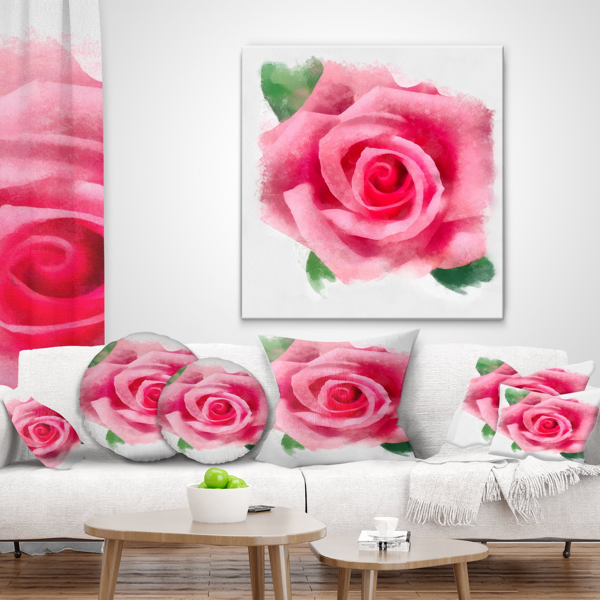 Designart Big Pink Rose Flower with Leaves - Floral Throw Pillow - 16x16