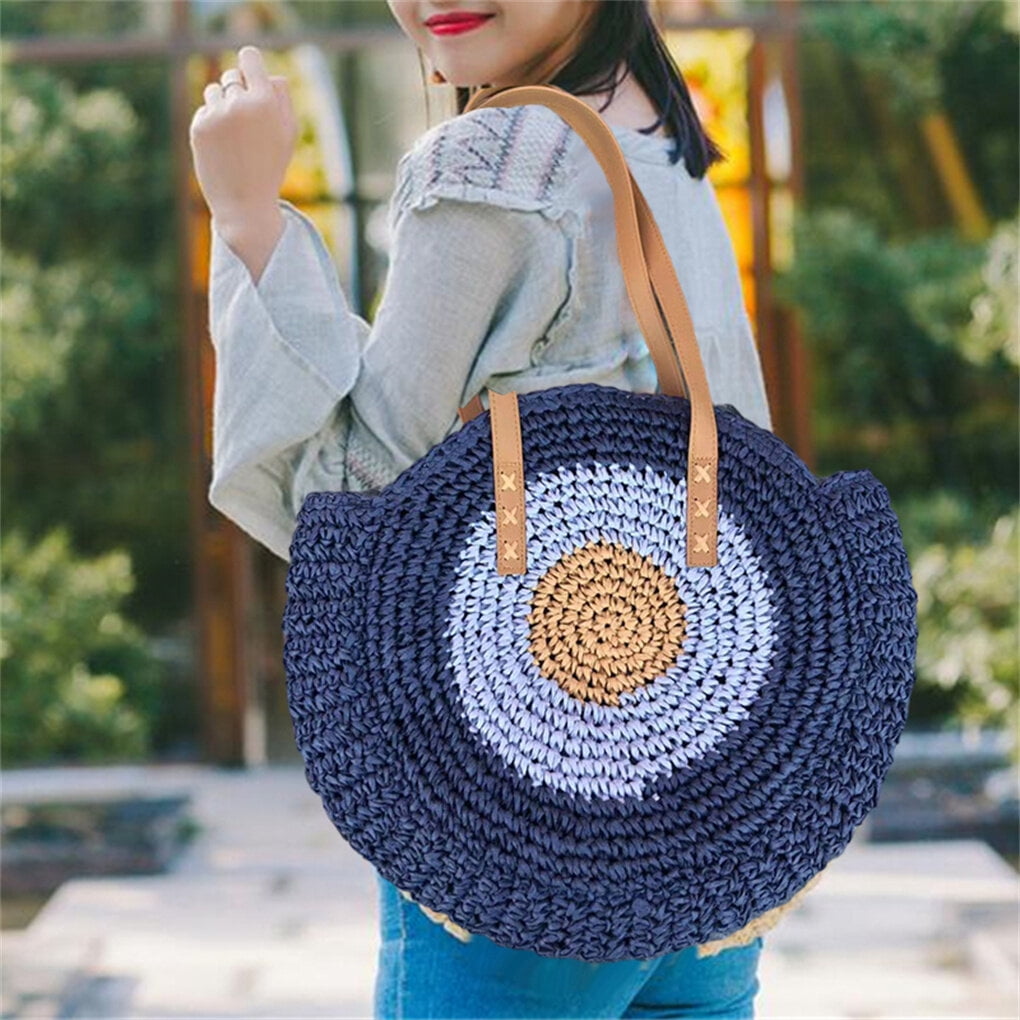 Shoulder Bag Straw Fashion Patchwork Weaving Handbag Large Capacity Travel Stylish Woven Straw Summer Vacation Tote Shopping Trendy Female Hand Purse Blue Walmart