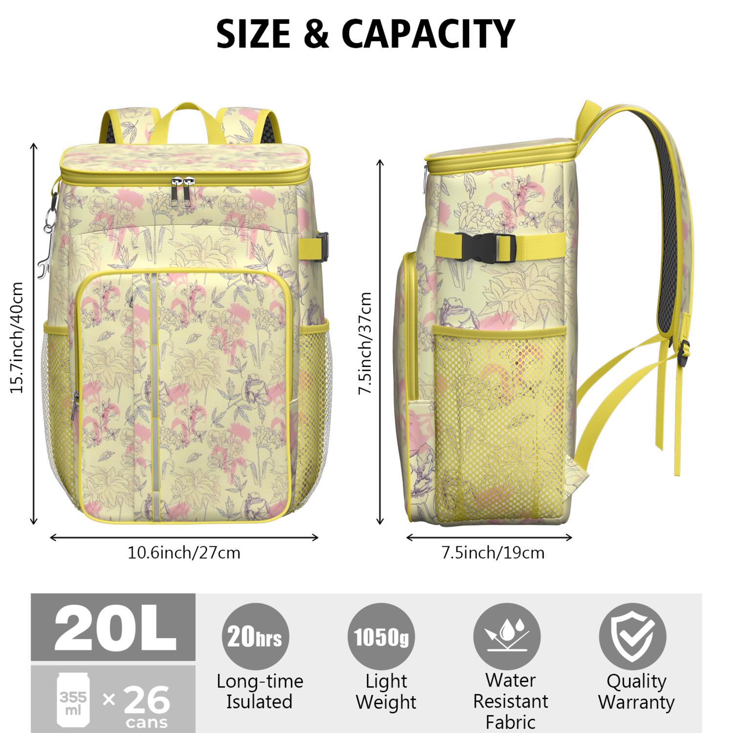 Travel Cooler Bag - Pioneer Flower Floral Print Pattern Camping Beer Cooler Backpack with Bottle Opener- Waterproof Insulated Picnic Backpacks - Cooler Bag for Beach