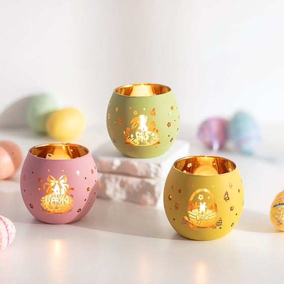Glasseam Easter Glass Candle Holder Set of 3: Tealight Holders with Laser Engraved Bunny Egg Patterns for Table Centerpiece Holiday Party Home Centerpiece Gift