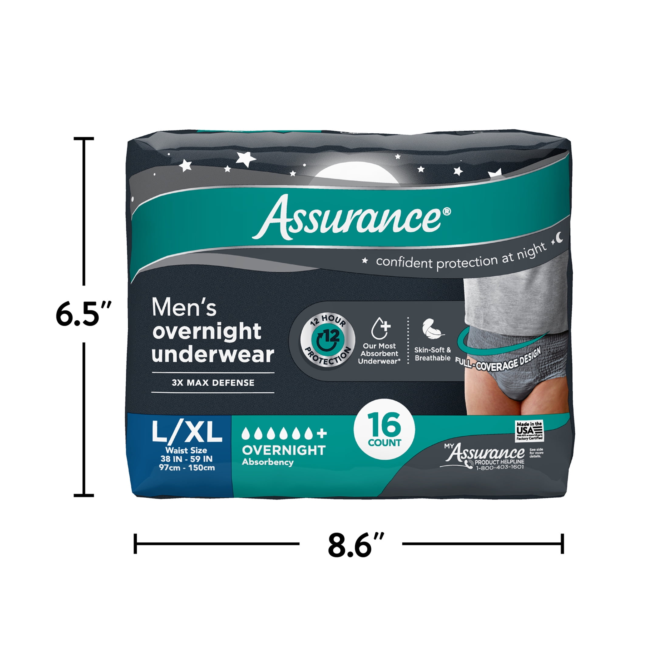 Assurance Men's Overnight Incontinence Underwear, L/XL, Ultimate Absorbency, 16 Count