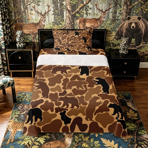 Castle Fairy Camo Bear Silhouette Twin Sheets 3pcs,Vintage Camouflage Animal Bedding,Tan Dark Brown,1 Fitted Sheet, 1 Flat Sheet and 1 Pillowcase