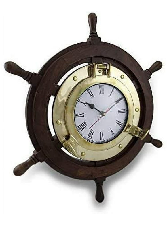 Deco 79 Wood Ship Wheel Clock, 18-Inch, Brass by UMA Enterprises, Inc.