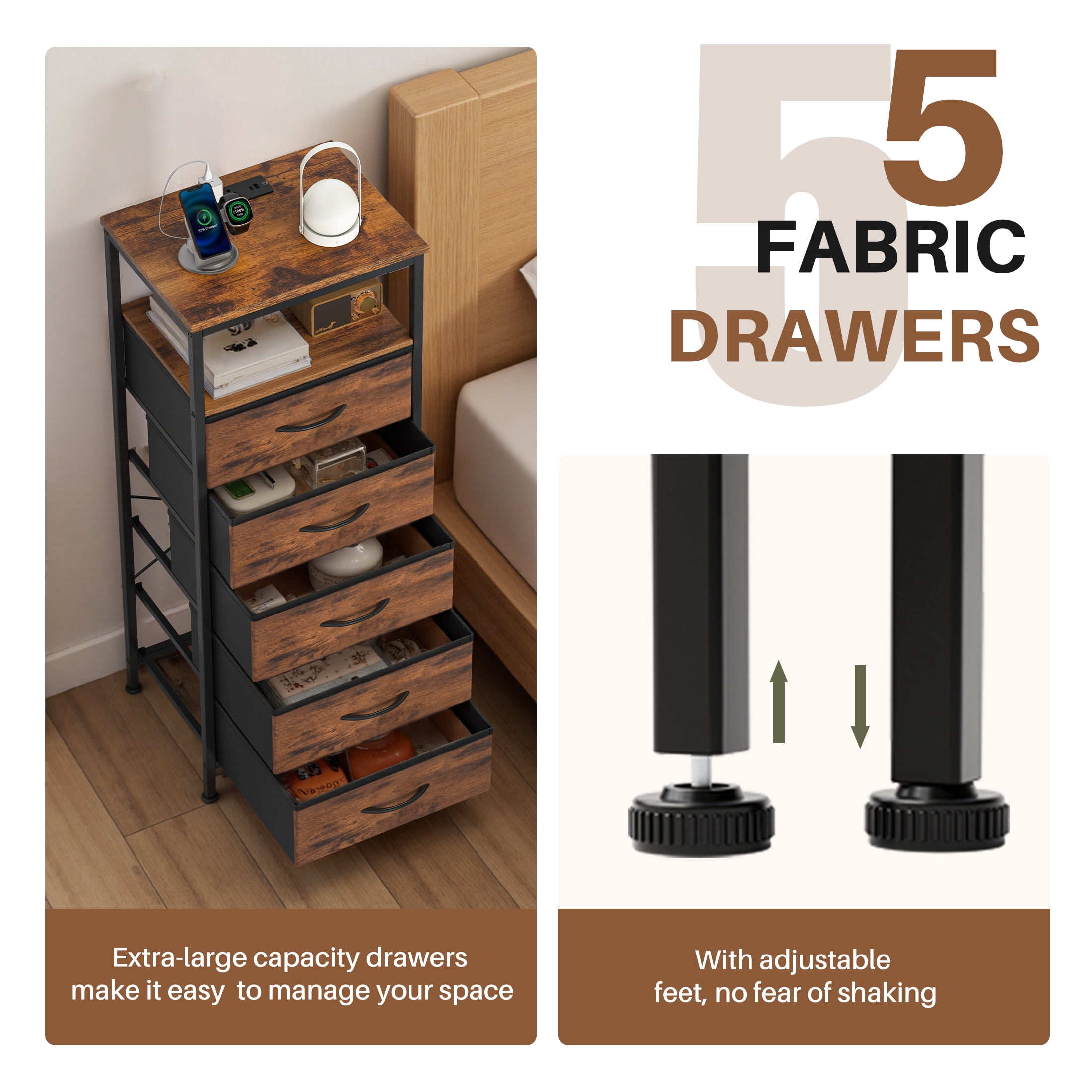 CONCETTA 5 Fabric Drawers Nightstand with Charging Station, USB/Type-C Ports, Adjustable Feet, Bedroom, Rust Brown