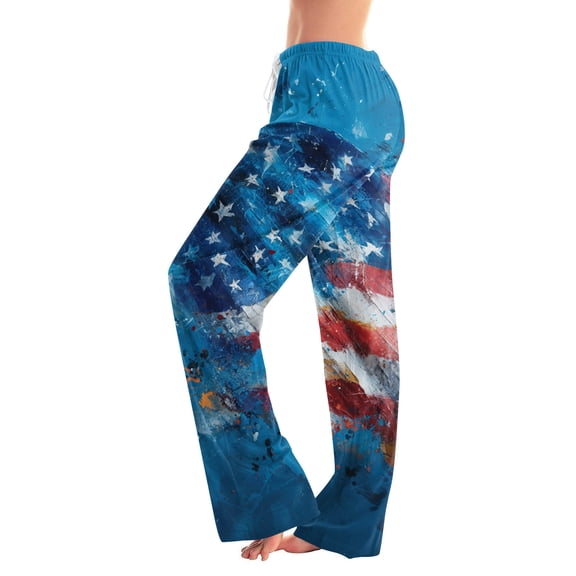 4th Of July Pants for Women 1776-2026 USA Flag Print Elastic High Waist Lounge Pants Wide Leg Casual Breathable Daily Wear Pajama Bottoms, #01 Sky Blue, XXL