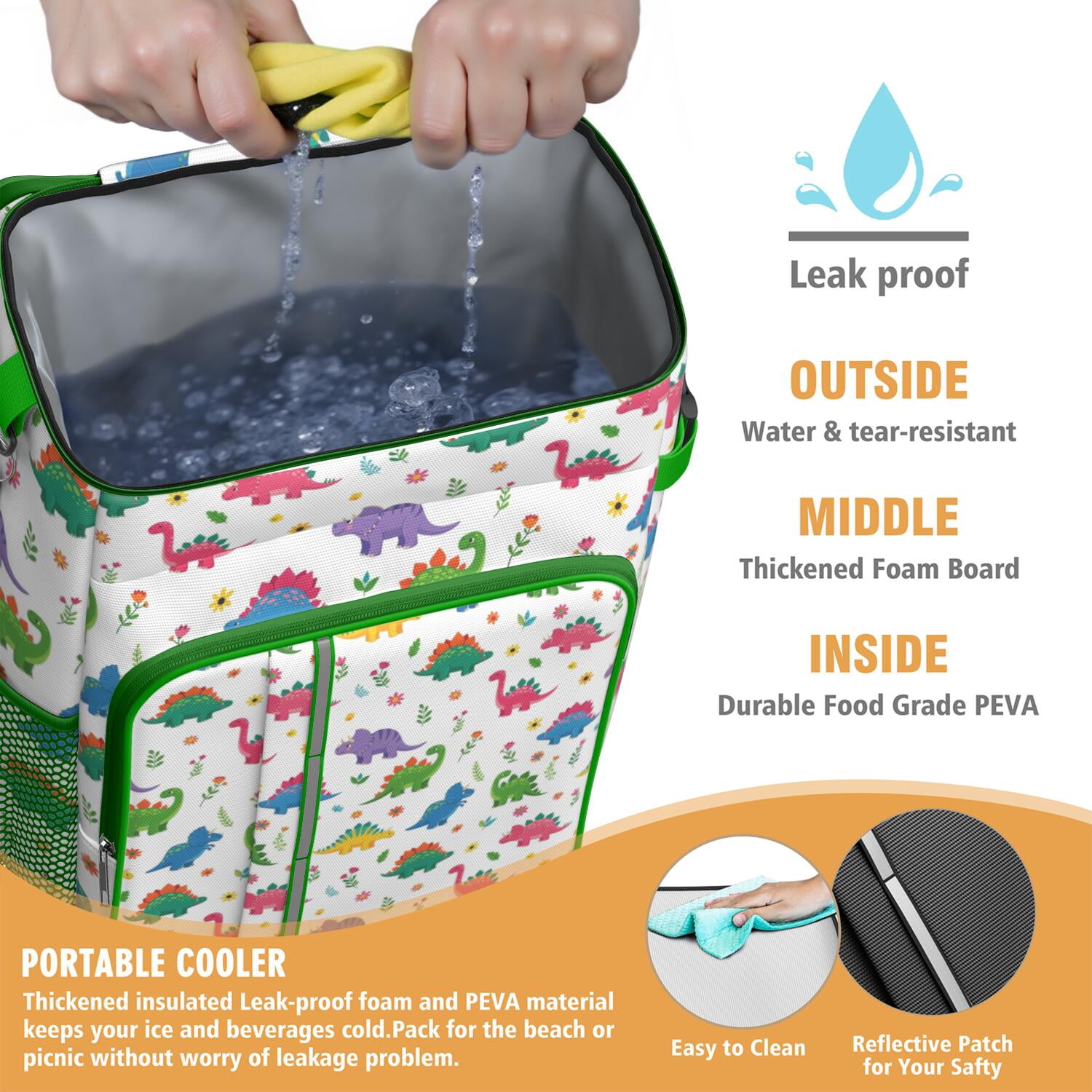 Travel Cooler Bag - White Cartoon Dinosaurs Flowers Pattern Camping Beer Cooler Backpack with Bottle Opener- Waterproof Insulated Picnic Backpacks - Cooler Bag for Beach