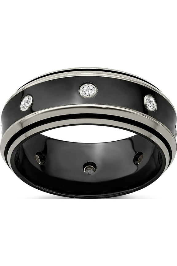 Black Ti & Titanium Polished White Sapphire Beveled Ring