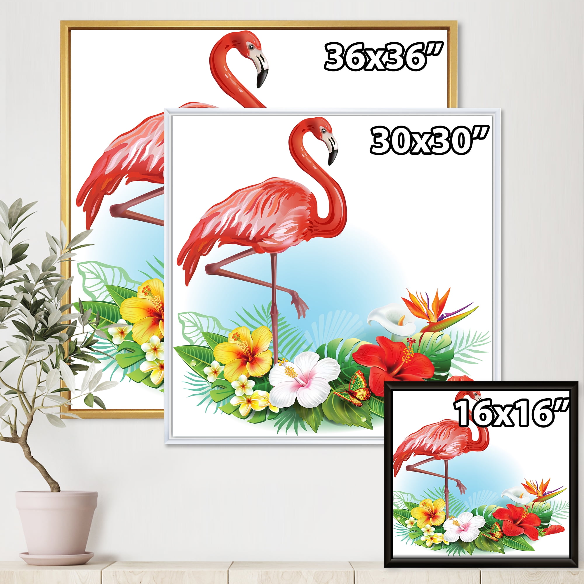 Arrangement with Flamingo and Tropical Flowers 16 in x 16 in Framed Painting Canvas Art Print, by Designart