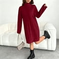 thumbnail image 6 of Women's Sweater Dress Knit Dress High Neck Long Sleeve Ribbed Loose Fit Warm Comfortable Winter Dress for Casual Loungewear,Wine,S, 6 of 7