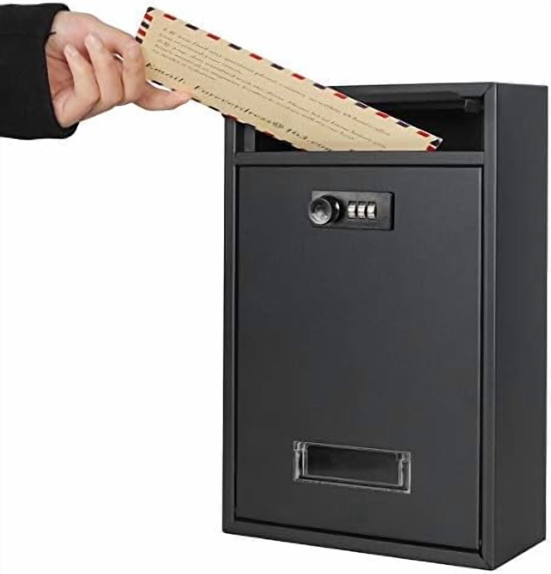 Locking Mailbox Wall Mounted Vertical-  Mail Boxes with Combination Lock Large Capacity, 12.6 x 8.46 x 3.35 Inch, Black Matt