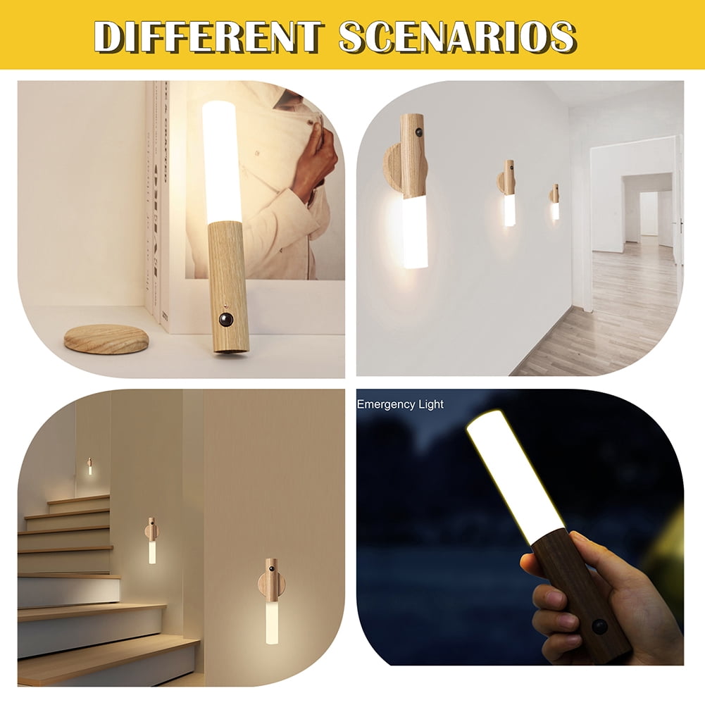 LANDGOO Auto PIR Motion Sensor Night Light LED Magnetic Wall Light Rechargeable Intelligent Wood Wall Kitchen Cabinet Wardrobe Lamp (White Ash Wood)