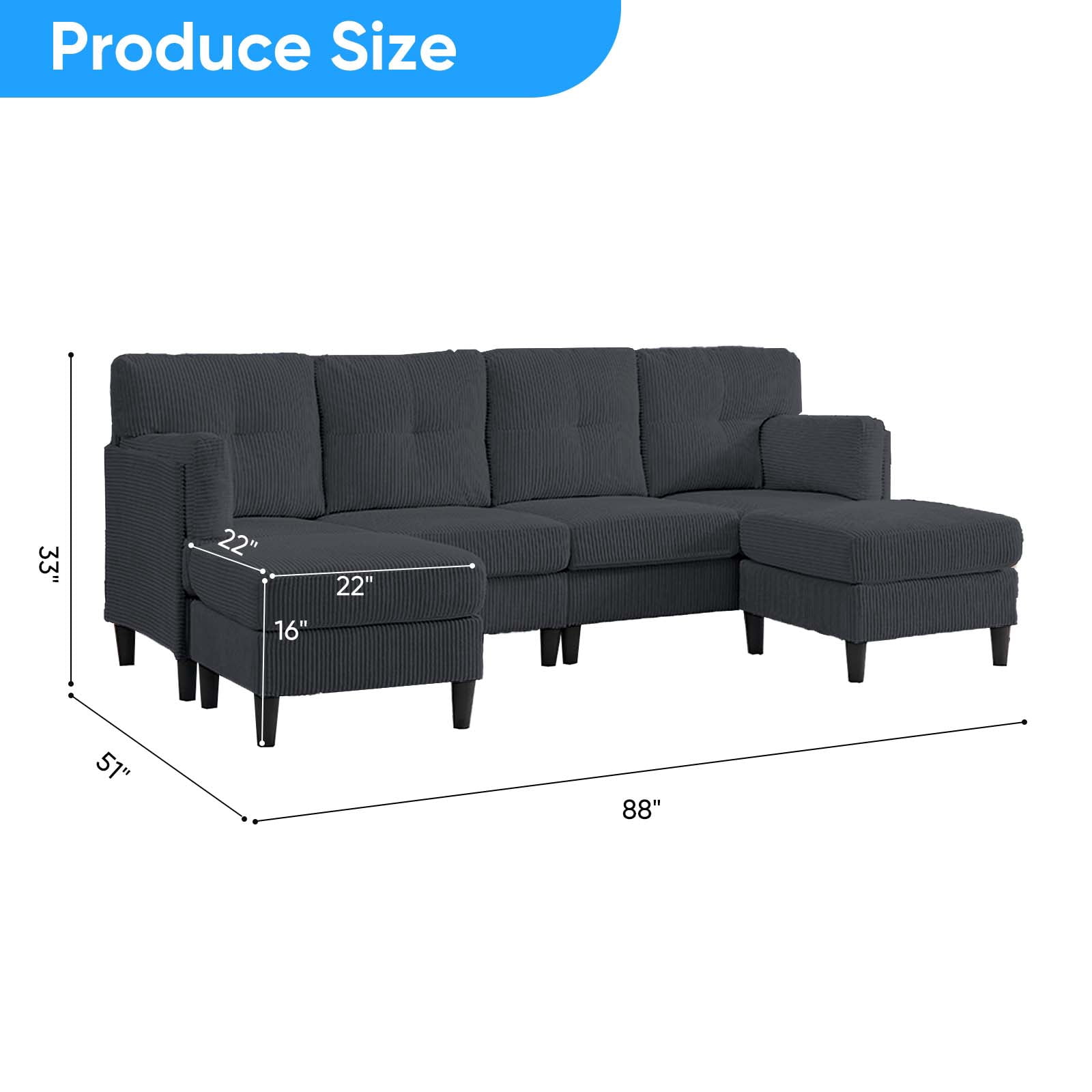 ijuicy Convertible U/L Shaped Sofa with Chaises, 6 Seater Couch for Living Room, Dark Gray