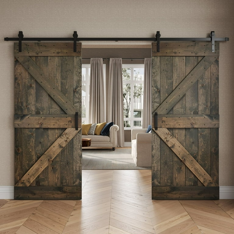 72 in x 84 in K Series Dark Walnut DIY Finished Knotty Pine Wood Double Sliding Barn Door Slab with Hardware Kit 72 in x 84 in K Series Dark Walnut DIY Finished Knotty Pine Wood Double Sliding Barn Door Slab with Hardware Kit