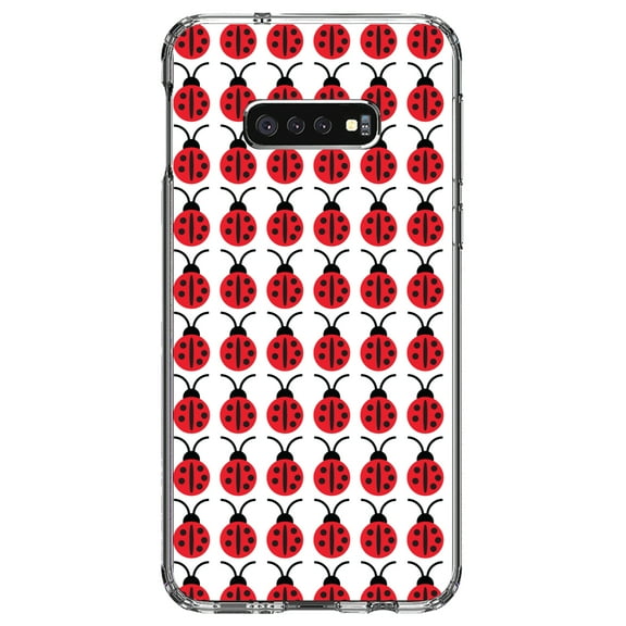 DistinctInk Clear Shockproof Hybrid Case for Samsung Galaxy S10e (5.8" Screen) - TPU Bumper, Acrylic Back, Tempered Glass Screen Protector - Red White Black Lady Bugs