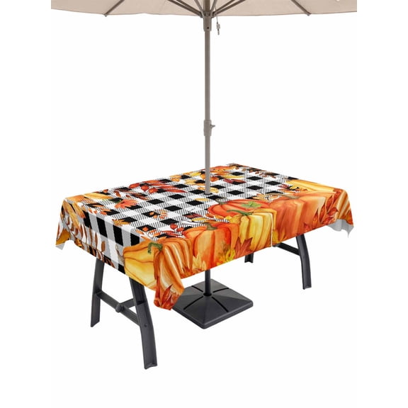 Outdoor Tablecloth with Umbrella Hole and Zipper, Thanksgiving Rectangle Table Cloth 60x84 Inch Waterproof Tablecloth, Autumn Orange Red Pumpkin Leaf Plaid Black Picnic Table Cover for Patio Camping