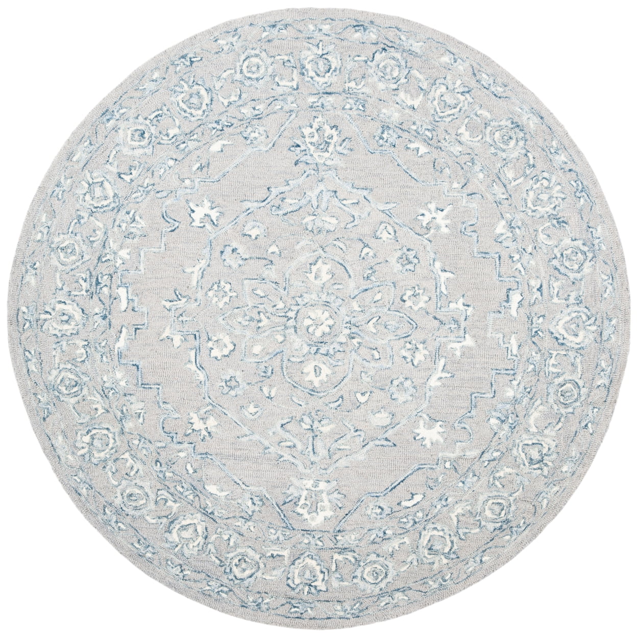 SAFAVIEH Micro-Loop Britton Floral Bordered Wool Area Rug, Light Grey/Ivory, 9' x 12'