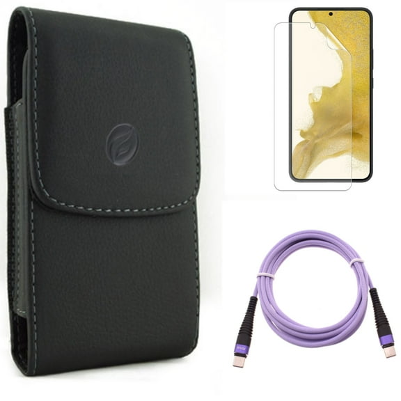 Case Belt Clip & Purple 10ft PD Cable & Matte Screen Protector for Samsung Galaxy S22 (6.1") - Leather Holster & Type-C to USB-C Fast Charger Cord & TPU Film Anti-Glare Accessory Bundle