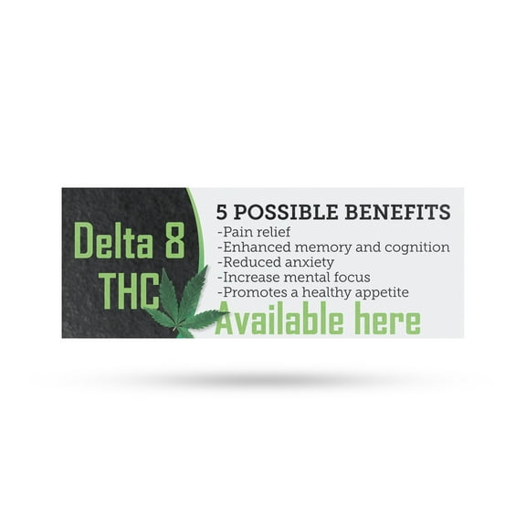 Delta 8 THC Available Here Vinyl Decal 48 Inch x 18 Inch Weatherproof Heavy-Duty Adhesive Backing | Herbal Wellness, CBD Shops, Customer Ready | Made in USA