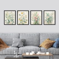 PixonSign Framed Wall Art Vintage Floral Bouquets Prints, Set of 4 Nature Wildernes Paintings, Rustic Retro Wall Décor, Wildflower Plants Adhesive Canvas Poster for Home Decor - 12"x16" Black