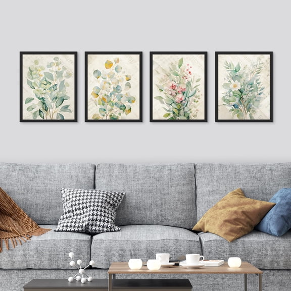 PixonSign Framed Wall Art Vintage Floral Bouquets Prints, Set of 4 Nature Wildernes Paintings, Rustic Retro Wall Décor, Wildflower Plants Adhesive Canvas Poster for Home Decor - 12"x16" Black