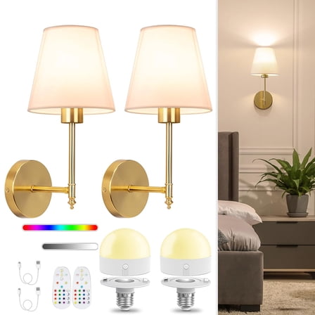 Battery Operated Wall Sconces Set of Two, Rechargeable Gold Wall Lights with Remote Control, 12 Colors Wireless Wall Lamps for Bedroom Living Room Hallway Decor