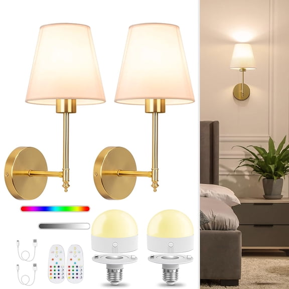 Battery Operated Wall Sconces Set of Two, Rechargeable Gold Wall Lights with Remote Control, 12 Colors Wireless Wall Lamps for Bedroom Living Room Hallway Decor
