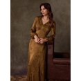 thumbnail image 5 of Mocha Brown Satin Jacquard V-Neck Wrap Maxi Dress With Puffed Sleeves, 5 of 7