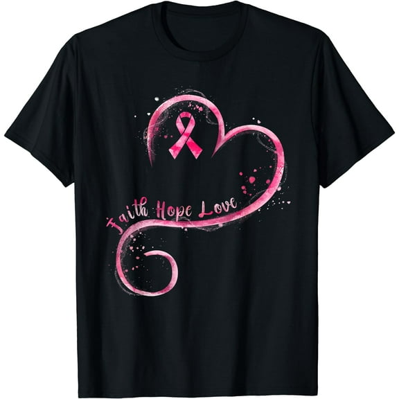 Faith Hope Love Pink Ribbon Breast Cancer Awareness T-Shirt Black Small