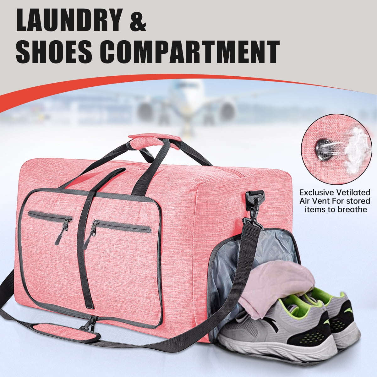 Travel Duffle Bag for Men Women, 40L Foldable Travel Duffel Bag with Shoes Compartment, 20" Extra Large Overnight Bag, Waterproof & Tear Resistant Weekender Bags (Pink)