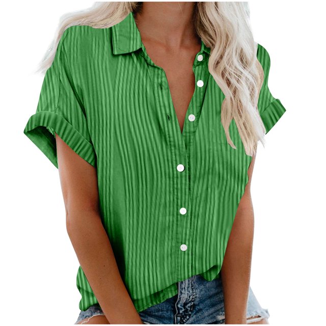 Yuyuzo Button down Shirts for Women Short Sleeve Shirts Collared V Neck Work Blouses Top with Pockets
