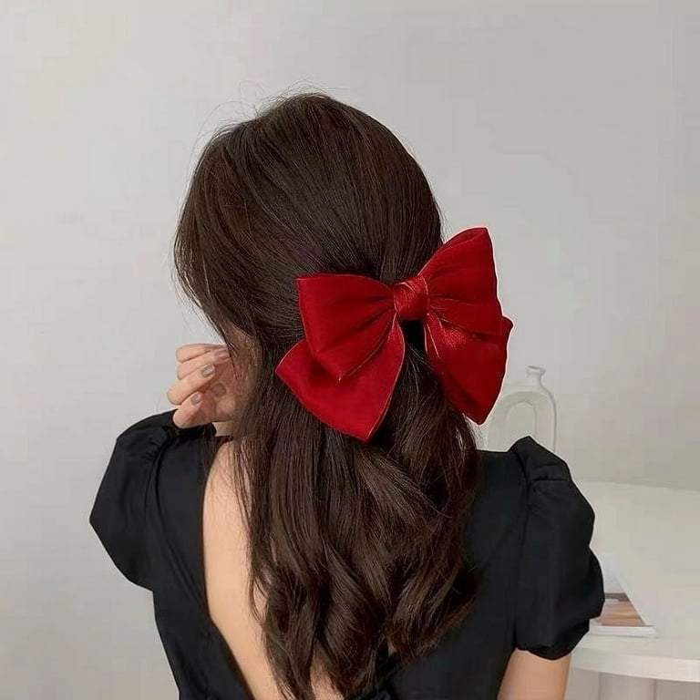 Big red velvet hair bow clip for women. Handmade hair bows for