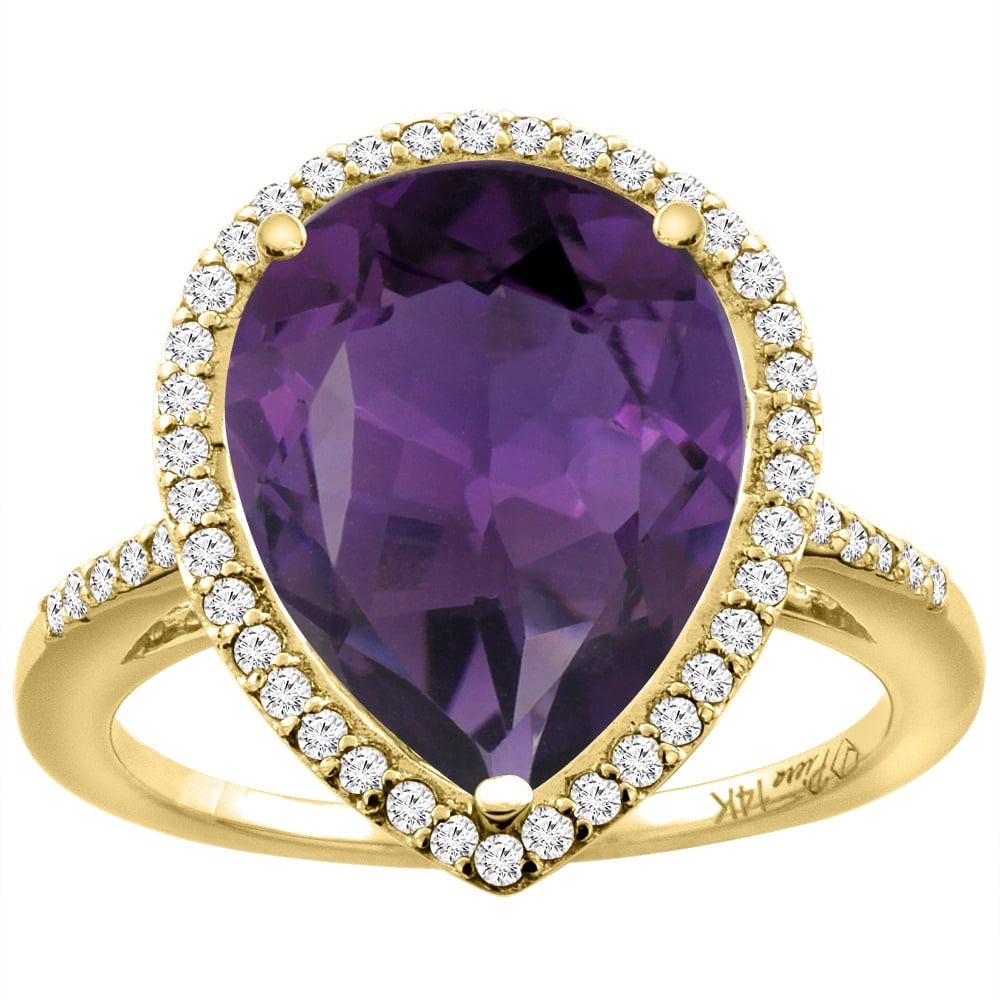 14K Yellow Gold Natural Amethyst & Diamond Engagement Ring Ring Pear Cut 16x12 mm, size 5 by Gabriella Gold