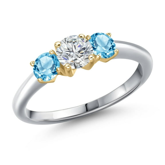 Gem Stone King 925 Silver and 10K Yellow Gold Lab Grown Diamond and Swiss Blue Topaz Engagement Ring for Women | 1.21 Cttw | Round 5MM | Gemstone April Birthstone | Size 8